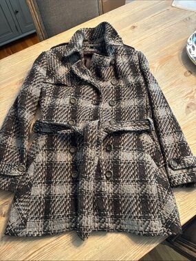 DKNY Womens Black & Gray Pink Plaid Wool-Blend Peacoat